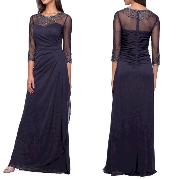 - Alex Evenings A-Line Mesh Gown with Beaded Illusion Neckline & Sleeves - Picture 1 of 12